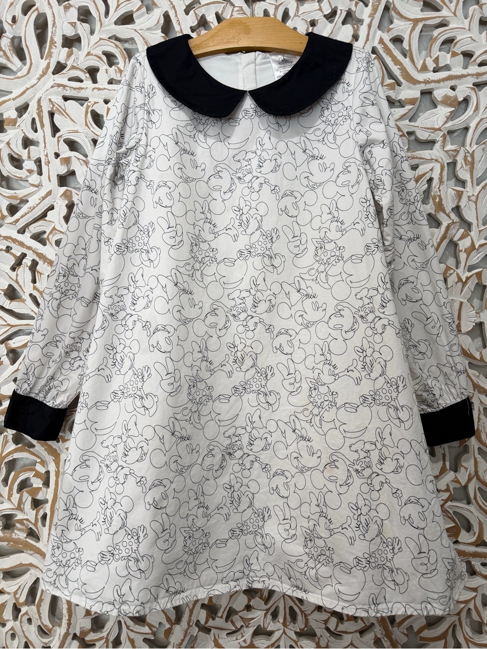 Disney White Peter Pan Collar Dress with Black Trim Mickey and Minnie Outlines.